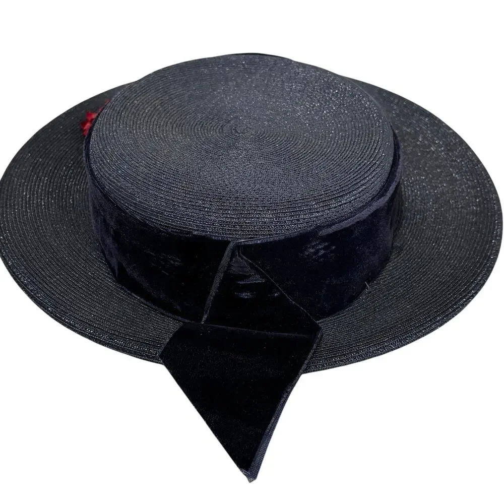 Vintage boater style ladies hat navy blue & faded red flower on velvet hatband - Picture 9 of 9